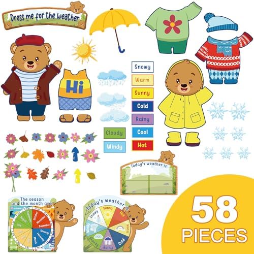 Gilprop 58 Pcs Dress for Weather Bulletin Board Set for Classroom, Bear