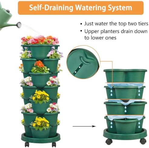 VECELO 7 Tier Vertical Garden Planter, Self Watering Stackable Planters with Wheels for Strawberries, Herbs, Flowers, Vegetables, Dark Green