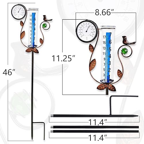 JOYBEE Bird Rain Gauge with Thermometer Garden Decor, Accurate Rain Gauges Outdoors，Rain Gauge for Yard with Stake, Decorative Rain Measure Gauge for Garden, Deck, Lawn with Large Numbers