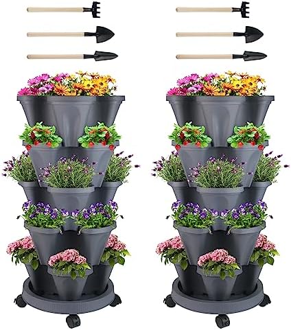 GameXcel Vertical Planter Tower - 5 Tier Stackable Garden Planters with Wheels and Tools Plant Pots for Strawberry Herb Flower and Vegetable Indoor Outdoor Use Dark Gray 2 Pack