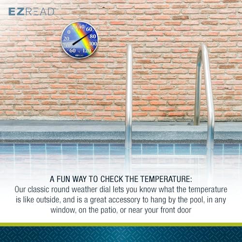 EZREAD Hanging Dial Thermometer 840-1220 Weather Thermometers for Indoor and Outdoor Use, Large 12.5 Inch Diameter, Easy to Read Numbers, Rainbow, Blue/Red/Yellow