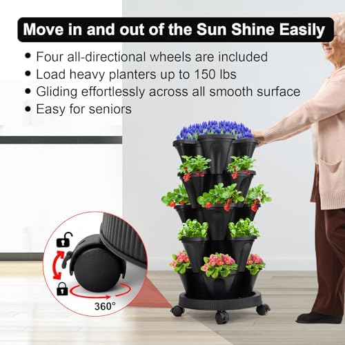 GameXcel Vertical Planter Tower - 5 Tier Stackable Garden Planters with Wheels and Tools Plant Pots for Strawberry Herb Flower and Vegetable Indoor Outdoor Use Black