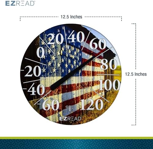 EZREAD Hanging Dial Thermometer 840-1232 Weather Thermometers for Indoor and Outdoor Use, Large 12.5 Inch Diameter, Easy to Read Numbers, American Flag on Barn