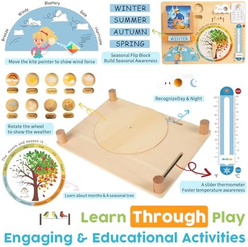 Wooden Weather Station Cognitive Board with 24 Cards, Climate Teaching Toy, Weather Board for Kids, Learning Daily Weather Condition Changes, Months Temperature & Seasons Toys for 3,4,5 Years Old