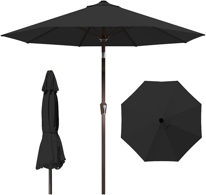 10FT Patio Umbrella Outdoor Market Umbrella with Crank and Tilt, 8 Flexible Fiberglass Ribs, UV-Resistant Waterproof Canopy for Patio, Deck, Garden, Backyard, Black