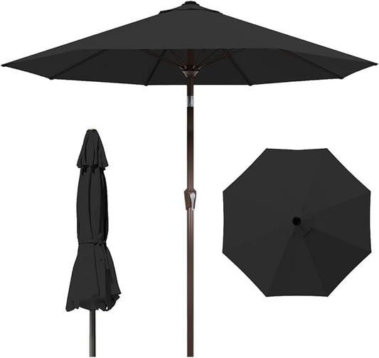 10FT Patio Umbrella Outdoor Market Umbrella with Crank and Tilt, 8 Flexible Fiberglass Ribs, UV-Resistant Waterproof Canopy for Patio, Deck, Garden, Backyard, Black