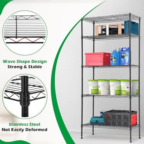 PayLessHere | 5-Tier Wire Shelf with Wheels | 14"x30"x60" | Black | Adjustable Racks | Heavy-Duty Storage Shelves, Holds Upto 220 lbs | Rust-Resistant, No-Tool Assembly | for Home, Garage Shelving