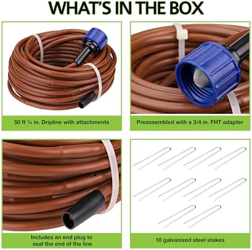 Raindrip R567DT Drip Irrigation Watering Kit for Vegetable Gardens Includes 50 feet of 1/4-Inch Dripline, 3/4-Inch FHT Adapter, 10 Hold-Down Stakes, 1 End Plug