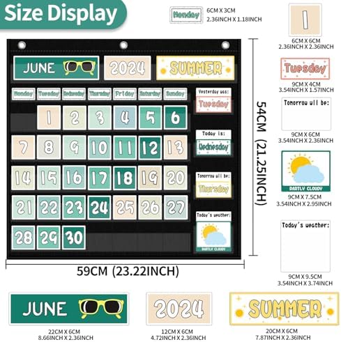 Mewise Classroom Calendar Pocket Chart and Weather Station Set - Groovy Retro Classroom Decor, 126+ Cards Bulletin Board Display for Morning Meeting, Homeschool Supplies, PreK-2nd Grade (Black)