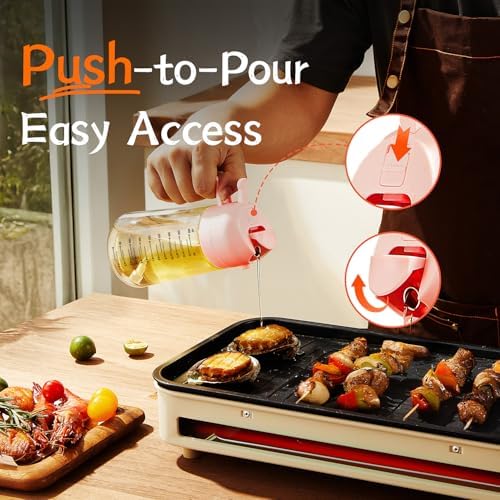 TrendPlain 16oz/470ml Glass Olive Oil Sprayer for Cooking - 2 in 1 Olive Oil Dispenser for Kitchen Gadgets, Air Fryer, Salad, and BBQ - Peach
