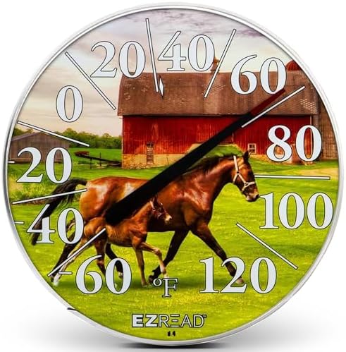 EZREAD Hanging Dial Thermometer - Weather Thermometers for Indoor and Outdoor Use, Large 12.5 Inch Diameter, Easy-to-Read Numbers, Horse and Foal