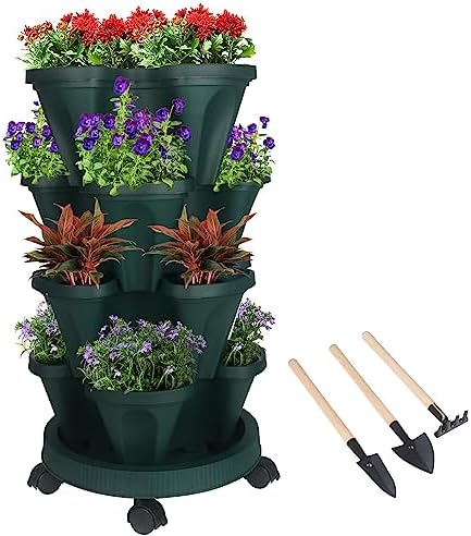 GameXcel Vertical Planter Tower - 4 Tier Stackable Garden Planters with Wheels and Tools Plant Pots for Strawberry Herb Flower and Vegetable Indoor Outdoor Use Green