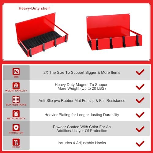 Lineshading 3 Pack Magnetic Garage Organizer with Hook, Fridge Shelf, Red