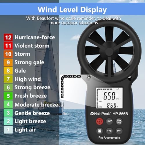 [2 PCS] HoldPeak 866B Handheld Anemometer, Digital Wind Speed Gauge Meter, Air Flow Velocity Temperature CFM Measuring Device for HVAC Outdoor Sailing Shooting Golf