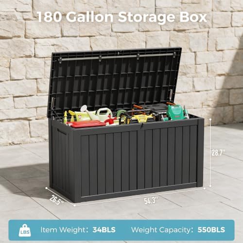 180 Gal Deck Box, Outdoor Storage Box Waterproof Lockable, Gas Lift,Black