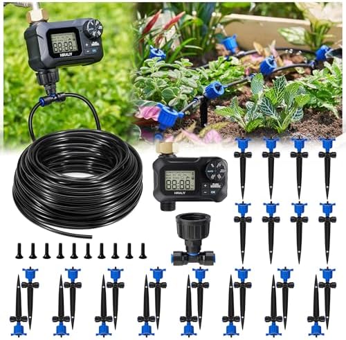 HIRALIY 100FT Drip Irrigation Kit with Timer, Pressure Compensated
