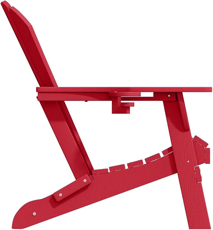 Folding Adirondack Chairs with Cup Holders, Set of 4 HDPE Plastic Outdoor Chairs, Weather Resistant, Real Wood Look, Heavy-Duty Patio Furniture for Deck, Fire Pit, Backyard, Red