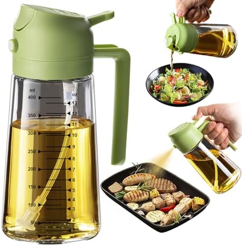TrendPlain 16oz/470ml Glass Olive Oil Sprayer for Cooking – 2 in 1 Olive Oil Dispenser Bottle for Kitchen Gadgets and Air Fryer Accessories, Salad, BBQ - Green