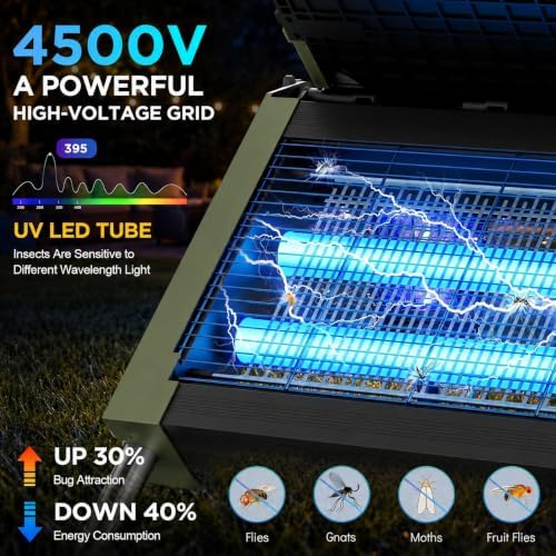Bug Zapper Indoor Outdoor, Dual Solar Panels, 5000mAh Battery, Auto On/Off
