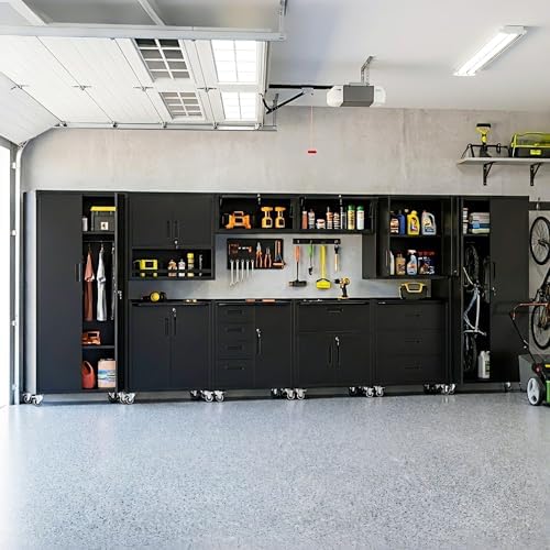 10-Piece Heavy Duty Steel Garage Cabinet System | All-in-One Modular Garage Cabinet Set for Ultimate Workshop Organization | Easy Assembly Garage Storage Cabinets & Tool Bench (Black)