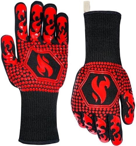 QUWIN BBQ Gloves, Oven Gloves 1472℉ Extreme Heat Resistant, Grilling Gloves Silicone Non-Slip Oven Mitts, Kitchen Gloves for BBQ, Grilling, Cooking, Baking-1 Pair… (One Size(Long Cuff), Red)