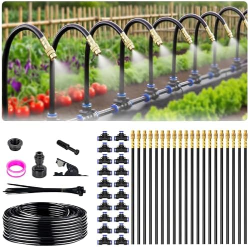 65FT 5/16 Inch Drip Irrigation System for Garden, 2025-Upgrade High-Flow Garden Watering Kit with 20 Adjustable Copper Nozzles, Even Water Distribution for Lawn & Greenhouse