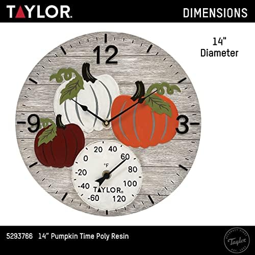 Taylor Pumpkin Time Poly Resin Indoor and Outdoor Clock and Thermometer, Home Decor for Garden, Patio, Pool, and Indoor Areas, 14-inch, Orange
