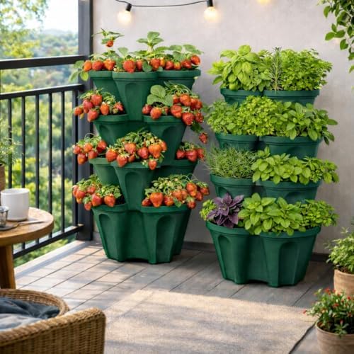 Strawberry Planter Tower, 4 Tier Stackable Vertical Planter, 16 Plant Sites, Space Saving Garden Planter, Indoor Outdoor, Made in USA (Deep Forest, Small)