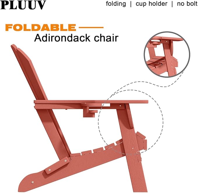 Folding Adirondack Chairs with Cup Holders, Set of 6 HDPE Plastic Outdoor Chairs, Weather Resistant, Real Wood Look, Heavy-Duty Patio Furniture for Deck, Fire Pit, Backyard, Coral