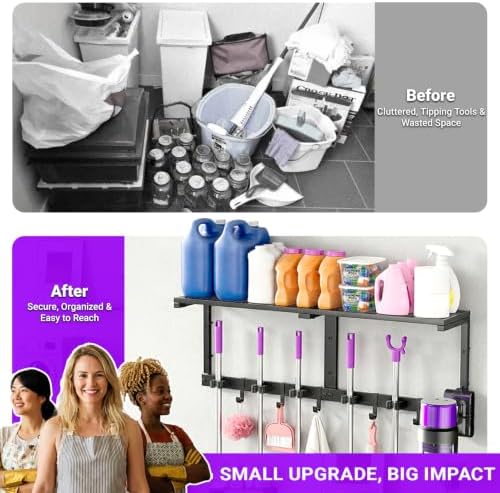 Heavy Duty Broom Holder Wall Mount, All-Metal Mop Rack with Storage Shelves