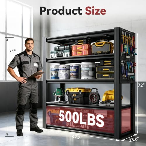 SAWJEC 47" W x 72" H x 24" D Heavy Duty Garage Shelving Unit with Pegboard