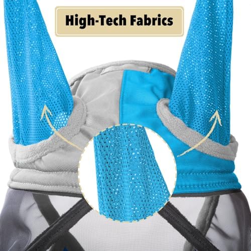 Harrison Howard Pro Luminous Horse Fly Mask Long Nose with Ears UV Protection for Horse Azure Blue/Silver XL Extra Full Size