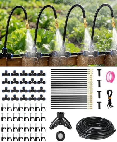 130FT Drip Irrigation System for Garden: 20 Nozzles 1/4" PE Tubing Automatic Watering Kit Adjustable Misting Sprinkler Mister Hose for Water Plants Tape Raised Beds Lawn Outdoor Yard Greenhouse 130FT