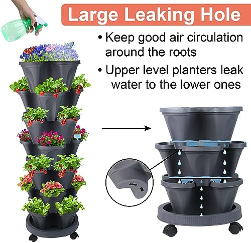GameXcel Vertical Planter Tower - 7 Tier Stackable Garden Planters with Wheels and Garden Tool Set Plant Pots for Strawberry Herb Flower and Vegetable Indoor Outdoor Use Dark Gray