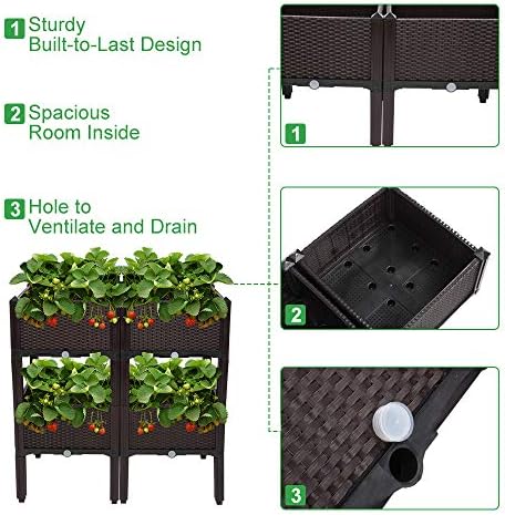 VINGLI Square Raised Garden Bed, Self-Watering Plastic Planter for Indoor Outdoor Vegetables, Fruits, Potato, Flowers, All Weather (4 Pcs)