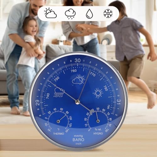 Thermometer Barometer Hygrometer 3 in 1 All Season Wall Hanging Indoor Outdoor Accurate Weather Instrument Blue 180mm Large Aluminum Alloy Easy to Read and Install for Home Garden