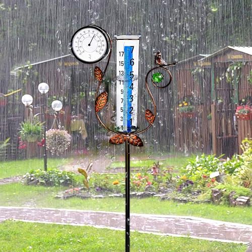 JOYBEE Bird Rain Gauge with Thermometer Garden Decor, Accurate Rain Gauges Outdoors，Rain Gauge for Yard with Stake, Decorative Rain Measure Gauge for Garden, Deck, Lawn with Large Numbers