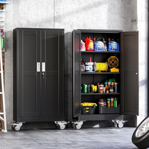 61-Inch Metal Garage Storage Cabinet with Wheels, Locking Doors and Shelves