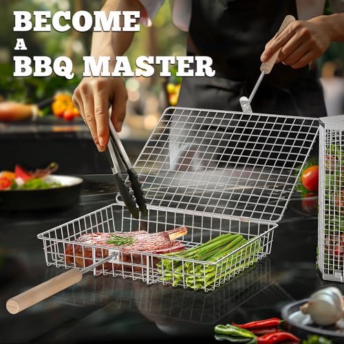 ivtivfu Grill Basket Set, Removable Wooden Handle, Rolling Grilling Tools
