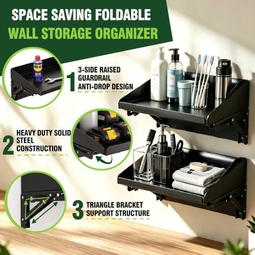ULIBERMAGNET Magnetic Folding Shelf, 40LBS Heavy Duty Magnetic Mounted Rack for Garage, Workshop, RV,Power Tools,Toolbox,1Set Storage Shelves with Lip for Workshop Kitchen Office