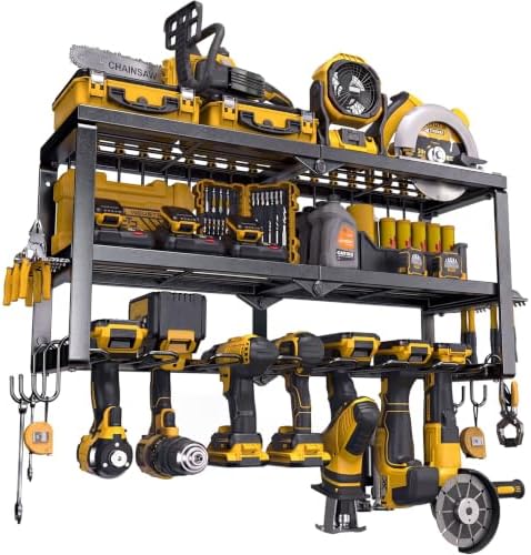 Spampur Power Tool Organizer for Tool Storage, Drill Holder Wall Mount with Screwdriver Organizer, Tool Holder for Garage Wall Organization, Heavy Duty Metal Tool Shelf with Battery Holder