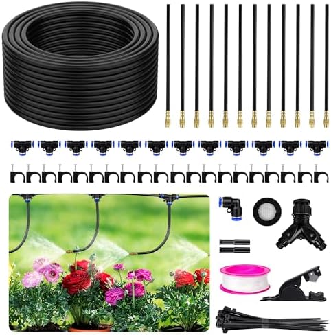 50FT 360° Adjustable Drip Irrigation System Garden Watering System with 12 Nozzles Plant Watering Devices Misting System Greenhouse Accessories for Yard, Lawn
