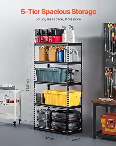 VEVOR Storage Shelves, 2000 lbs, 5 Tier Garage Storage Shelving, 16" D x 32" W x 62.8" H Adjustable Metal Shelves for Garage Shelves Utility Rack Shelf, Ideal for Kitchen, Warehouse, Basement, Black