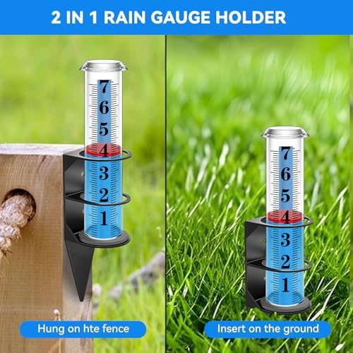 Rain Gauge Outdoor,7" Rain Gauges Outdoors Best Rated with Metal Rack Holder, Rain Measure Gauge, Easy to Read with Red Float, Large Font Plastic Replacement Tube for Yard Garden
