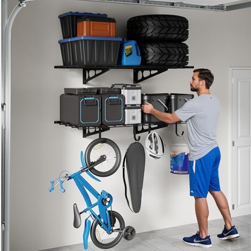 FLEXIMOUNTS 2-Pack 2x4ft Garage Shelving with Hooks, 600lbs Load, Black