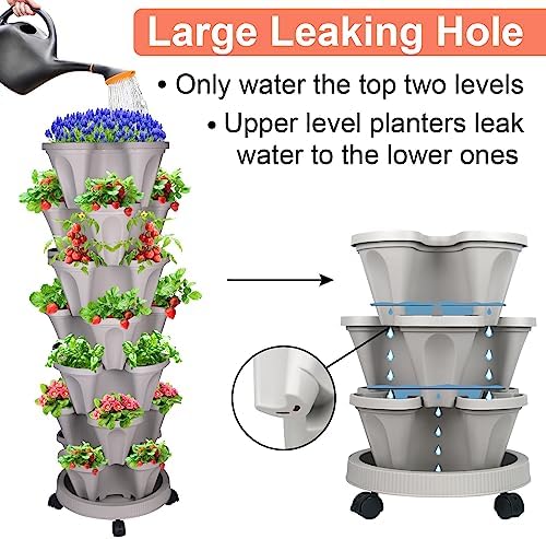 GameXcel Vertical Planter Tower - 7 Tier Stackable Garden Planters with Wheels and Tools Plant Pots for Strawberry Herb Flower and Vegetable Indoor Outdoor Use Gray