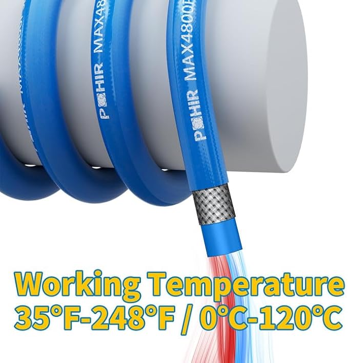 POHIR 2ft Pressure Washer Whip Hose 3/8" 4800 PSI, with Quick Connect Ends and Adapters for Hot & Cold Water up to 248°F, Steel Wire Braided Hose for Power Washing