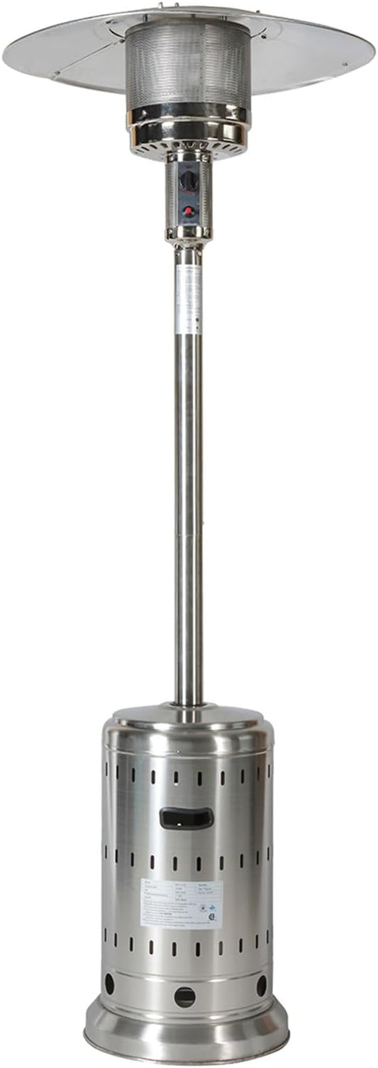 Patio Heater with Cover, 48,000 BTU Pyramid Flame Outdoor Heater, Propane, Detachable Wheels, Quartz Glass Tube for Patio, Garden, Courtyard, Park, Poolside (Silver)