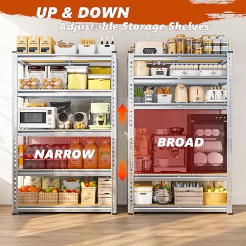 REIBII Garage Shelving, 5 Tier Storage Shelves Load 2400LBS, Adjustable Garage Shelving Heavy Duty, Metal Shelving Unit with Waterproof Columns, 35.5" W x 11.9" D x 72" H, Galvanized, 3 Pack