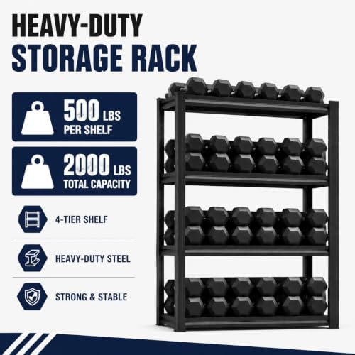 Garage Shelving 4-Tier Heavy Duty Metal Unit 2000 LBS Adjustable Boltless Storage Rack, Organizer for Garage Warehouse Kitchen Basement Workshop Household Supplies, 44"H x 13.8"W x 11.8"D, Black